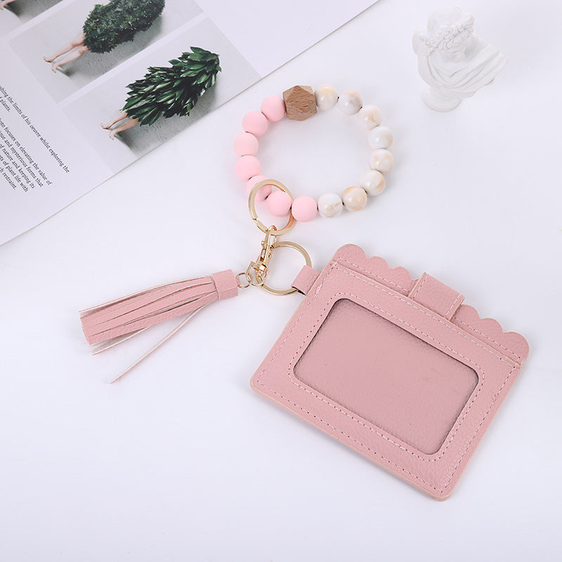 Wholesale Card Holder Pu Tassel Beads Bracelet Wallet Keychain